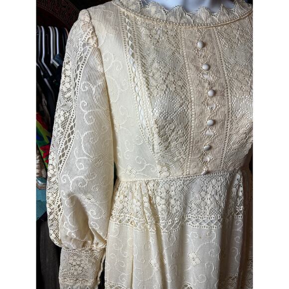 Vintage c. 1970 Emma Domb Boho Mod Prairie Victorian Lace Wedding Dress Davids - Picture 9 of 14